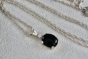 Sterling Silver Black Oval Onyx Diamond Accent Pendant 18" Necklace