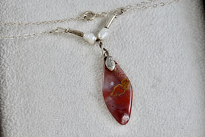 Sterling Silver Red Agate Pearl Bead Drop 20" Necklace