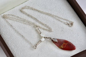 Sterling Silver Red Agate Pearl Bead Drop 20" Necklace