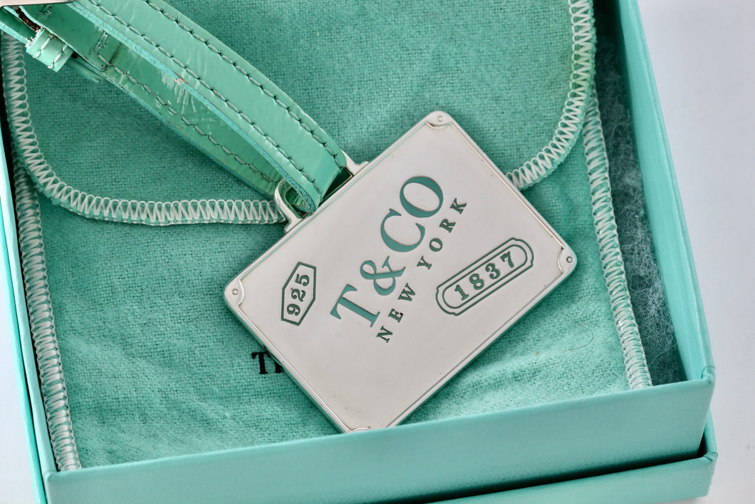 Tiffany & Co. 1837 Silver Blue Enamel Lettering Large Rectangle Tag Leather Strap Luggage Tag