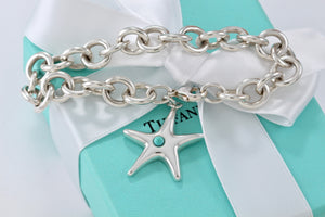 Tiffany & Co. Silver Turquoise Bead Starfish Charm 7.5" Bracelet