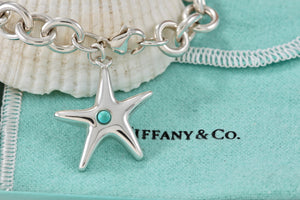 Tiffany & Co. Silver Turquoise Bead Starfish Charm 7.5" Bracelet