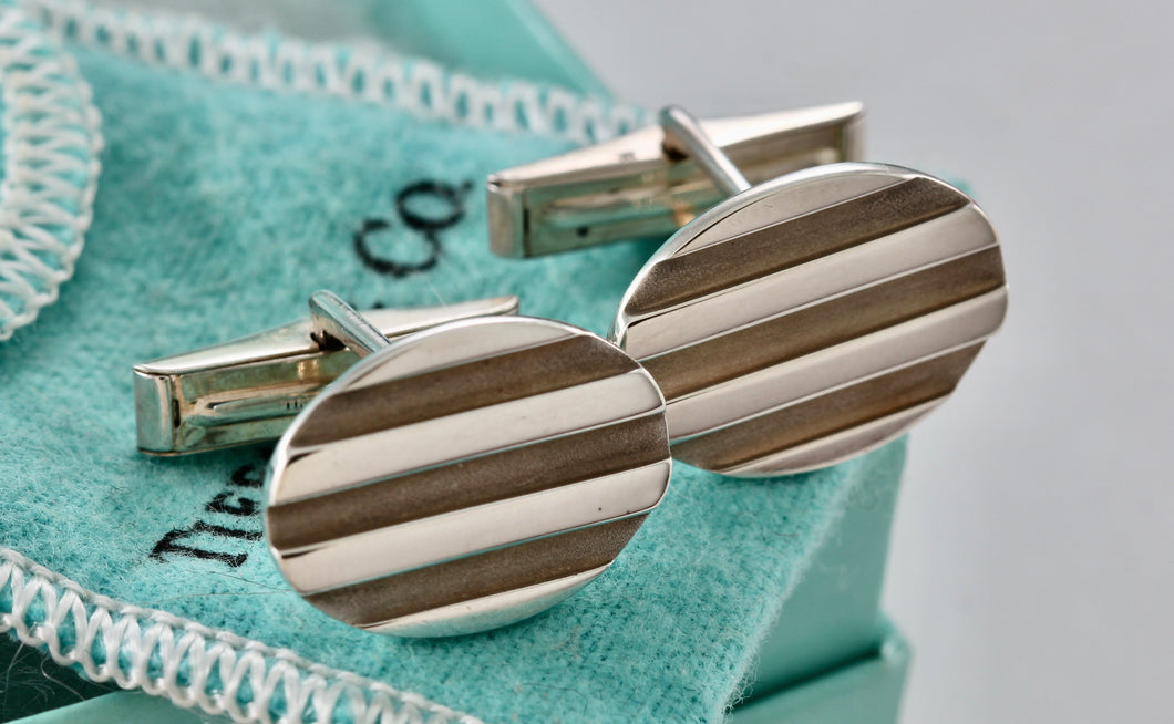 Tiffany & Co. Atlas Silver Groove Oval Cufflinks