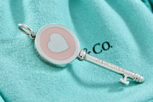 Load image into Gallery viewer, Tiffany &amp; Co. Pink Peach Enamel Round Heart Key 1.75” Pendant
