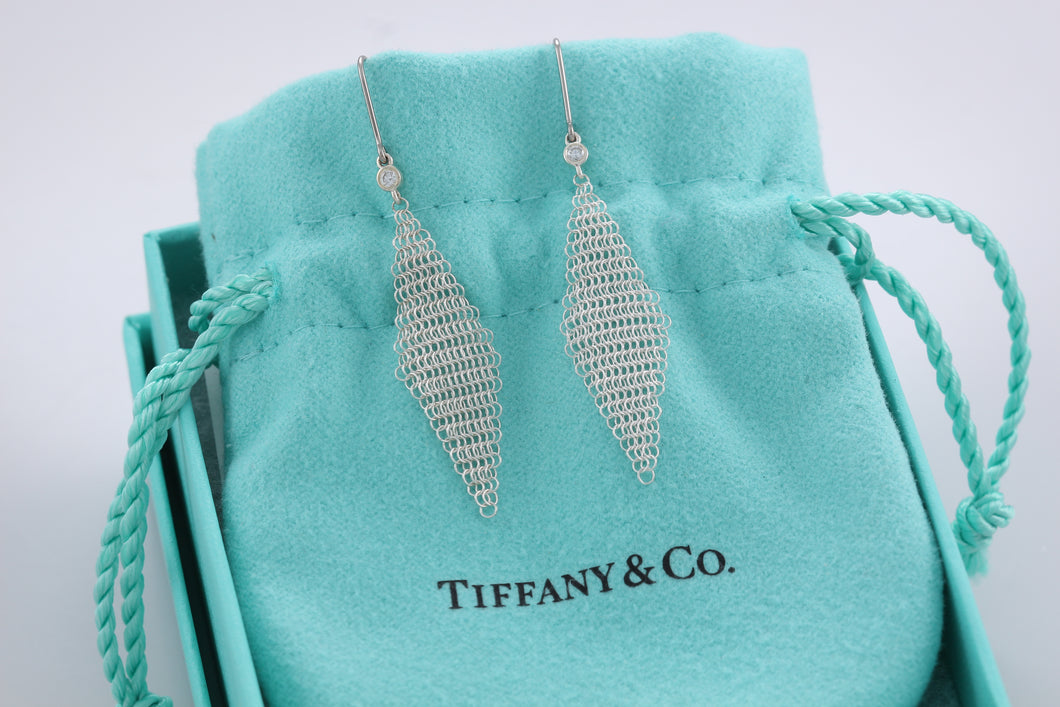 Tiffany & Co. Elsa Peretti Silver Diamond Small Mesh Dangling Earrings
