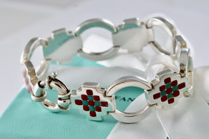 Tiffany & Co. Silver Vintage Red Green Enamel Checkered Link Heavy 7.25" Bracelet