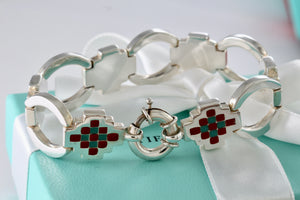 Tiffany & Co. Silver Vintage Red Green Enamel Checkered Link Heavy 7.25" Bracelet