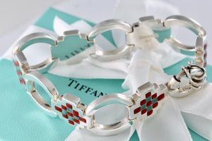 Tiffany & Co. Silver Vintage Red Green Enamel Checkered Link Heavy 7.25" Bracelet