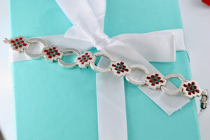 Tiffany & Co. Silver Vintage Red Green Enamel Checkered Link Heavy 7.25" Bracelet