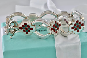 Tiffany & Co. Silver Vintage Red Green Enamel Checkered Link Heavy 7.25" Bracelet