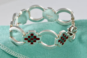 Tiffany & Co. Silver Vintage Red Green Enamel Checkered Link Heavy 7.25" Bracelet