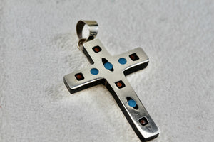Mexico Alpaca Silver Red Blue Black Enamel Box Cross Pendant