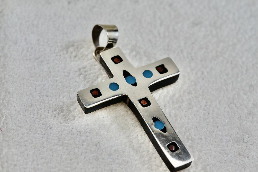 Mexico Alpaca Silver Red Blue Black Enamel Box Cross Pendant