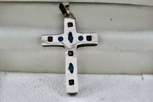 Mexico Alpaca Silver Red Blue Black Enamel Box Cross Pendant