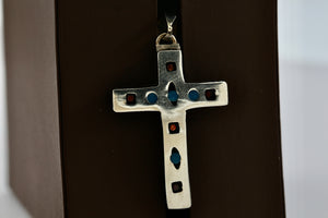 Mexico Alpaca Silver Red Blue Black Enamel Box Cross Pendant