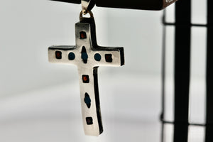 Mexico Alpaca Silver Red Blue Black Enamel Box Cross Pendant