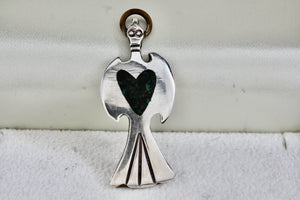 Native American Sterling Silver Thunderbird Heart Green Malachite Chip Inlay Pendant