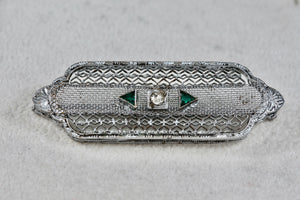Vintage Victorian Diamond Green Tourmaline Sterling Silver Mesh Bar Brooch Pin