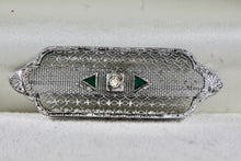 Load image into Gallery viewer, Vintage Victorian Diamond Green Tourmaline Sterling Silver Mesh Bar Brooch Pin
