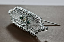 Load image into Gallery viewer, Vintage Victorian Diamond Green Tourmaline Sterling Silver Mesh Bar Brooch Pin
