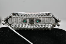 Load image into Gallery viewer, Vintage Victorian Diamond Green Tourmaline Sterling Silver Mesh Bar Brooch Pin
