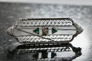 Vintage Victorian Diamond Green Tourmaline Sterling Silver Mesh Bar Brooch Pin