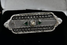 Load image into Gallery viewer, Vintage Victorian Diamond Green Tourmaline Sterling Silver Mesh Bar Brooch Pin
