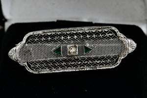 Vintage Victorian Diamond Green Tourmaline Sterling Silver Mesh Bar Brooch Pin