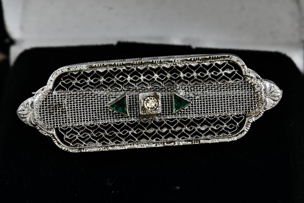 Vintage Victorian Diamond Green Tourmaline Sterling Silver Mesh Bar Brooch Pin