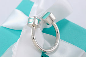 Tiffany & Co. Silver Blue Enamel Square Block Horseshoe Keyring