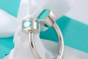 Tiffany & Co. Silver Blue Enamel Square Block Horseshoe Keyring