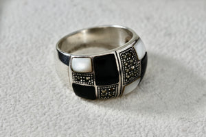 Sterling Silver Pearl Black Onyx Inlay Rhinestone Statement Ring Size 9