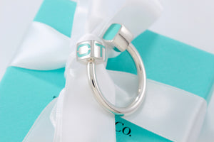 Tiffany & Co. Silver Blue Enamel Square Block Horseshoe Keyring