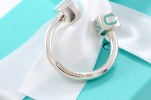 Tiffany & Co. Silver Blue Enamel Square Block Horseshoe Keyring