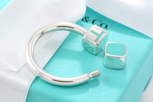 Tiffany & Co. Silver Blue Enamel Square Block Horseshoe Keyring