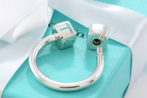 Tiffany & Co. Silver Blue Enamel Square Block Horseshoe Keyring
