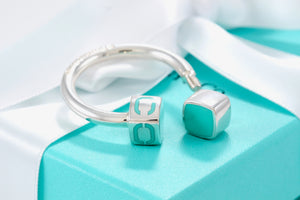 Tiffany & Co. Silver Blue Enamel Square Block Horseshoe Keyring