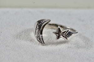 Sterling Silver Star & Moon open Band Ring Size 6.5