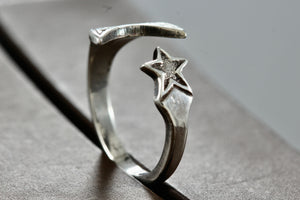 Sterling Silver Star & Moon open Band Ring Size 6.5