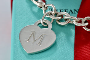 Tiffany & Co. Silver Alphabet Letter "M" Heart Charm 8mm Link 7.5" Bracelet