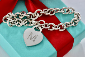 Tiffany & Co. Silver Alphabet Letter "M" Heart Charm 8mm Link 7.5" Bracelet