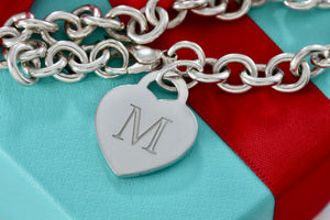 Tiffany & Co. Silver Alphabet Letter "M" Heart Charm 8mm Link 7.5" Bracelet