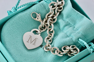 Tiffany & Co. Silver Alphabet Letter "M" Heart Charm 8mm Link 7.5" Bracelet
