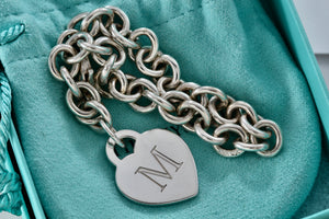 Tiffany & Co. Silver Alphabet Letter "M" Heart Charm 8mm Link 7.5" Bracelet