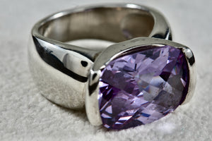 Sterling Silver Large Rectangle Cushion Cut Purple Amethyst Ring Size 6.5