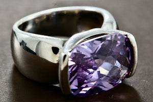 Sterling Silver Large Rectangle Cushion Cut Purple Amethyst Ring Size 6.5