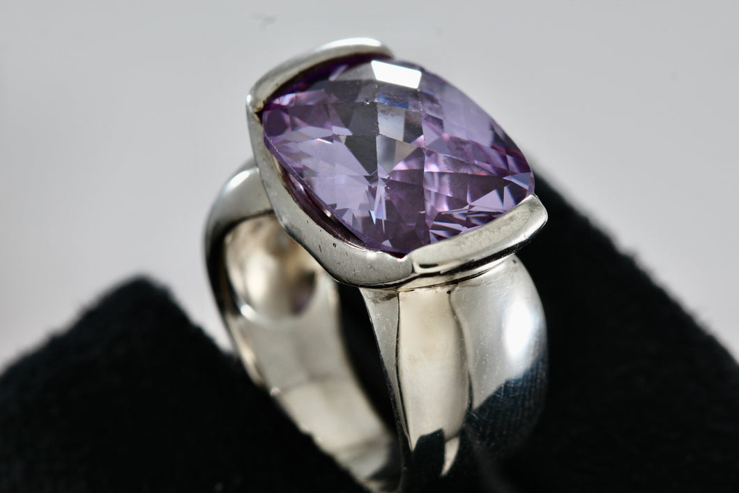 Sterling Silver Large Rectangle Cushion Cut Purple Amethyst Ring Size 6.5