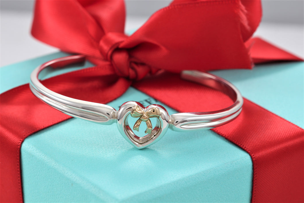 Tiffany & Co. 18K Gold & Silver Ribbon Bow Heart Cuff Bracelet