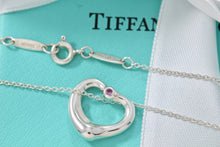Load image into Gallery viewer, Tiffany &amp; Co. Elsa Peretti Silver Pink Sapphire Small Open Heart Necklace
