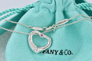 Tiffany & Co. Elsa Peretti Silver Pink Sapphire Small Open Heart Necklace